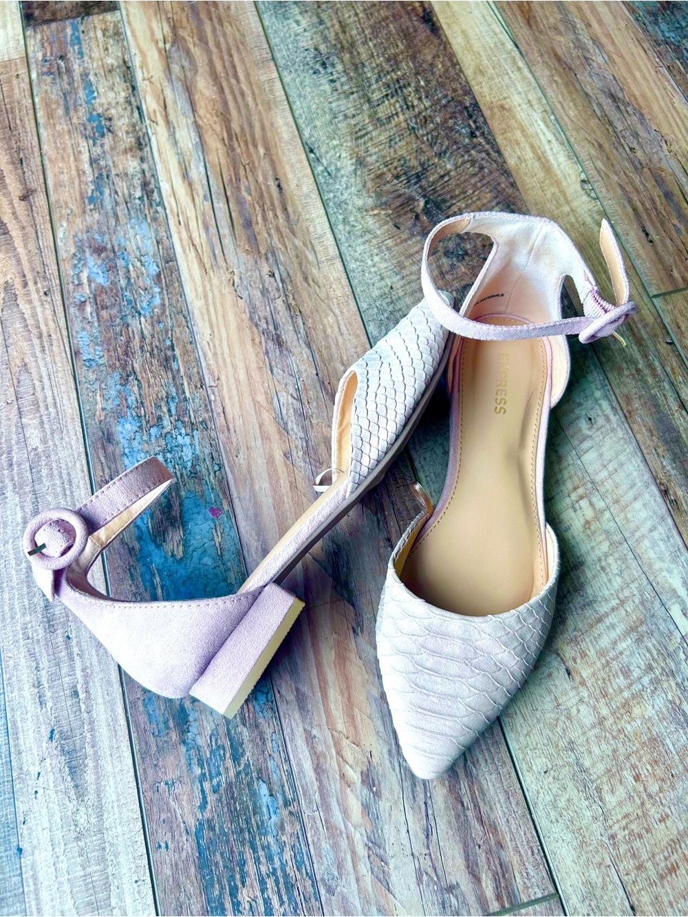 Express Blush Pink Snakeskin D’Orsay Ankle Strap Pointed Flats Size 7